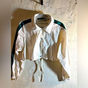 Zara White Cropped Jacket with Green/Navy Stripes: windbreaker type material